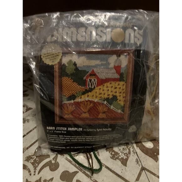 NIP Dimensions Red Barn Stich Needlepoint Sampler 5x5” - Picture 1 of 3